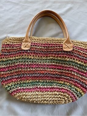 Woven Multicolor Straw Tote Bag with Tan Leather Handles